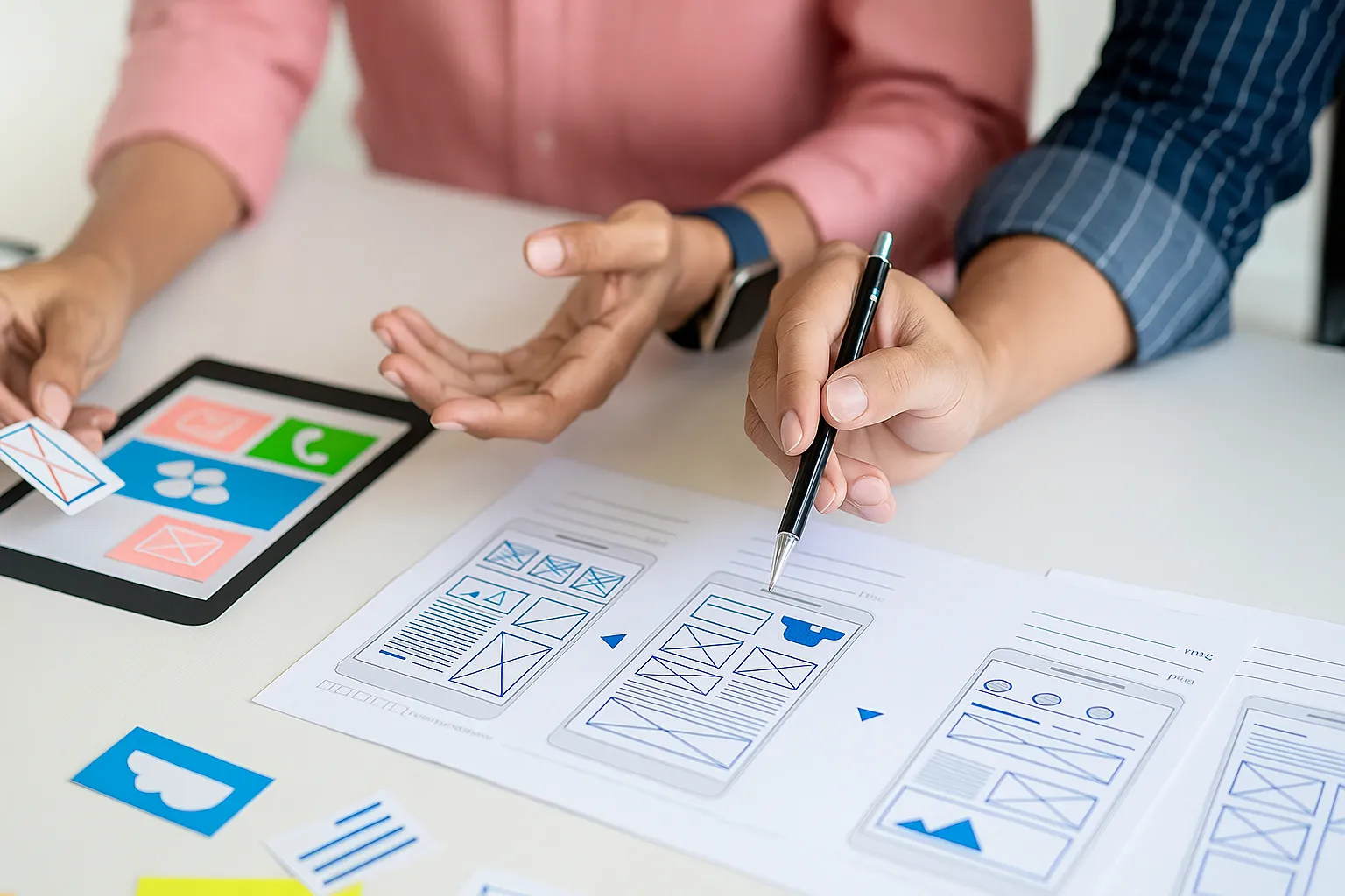 Imagem mostra duas pessoas trabalhando juntas no planejamento da interface de um aplicativo mobile. Elas estão interagindo com protótipos de baixa fidelidade desenhados em papel, com componentes visuais como caixas de imagem, ícones e elementos de navegação típicos de apps. Um dos participantes segura um papel com um elemento visual, enquanto o outro aponta para a tela com uma caneta, indicando alguma parte do layout. Na mesa, também é possível ver uma simulação de dispositivo e várias peças de papel colorido representando diferentes partes do fluxo do app.