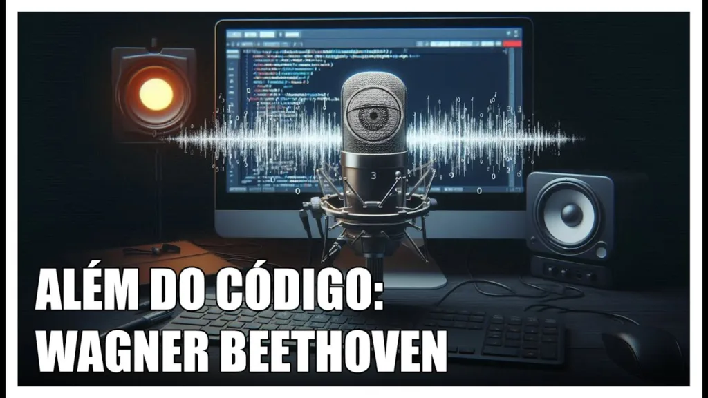 Em primeiro plano, há um microfone de estúdio centralizado, com ondas sonoras digitais em branco atravessando-o horizontalmente. Ao fundo, um monitor de computador exibe linhas de código colorido, reforçando o tema de programação. À esquerda, vê-se uma caixa de som com luz âmbar acesa, e à direita, outra caixa de som em tom cinza. Sobre a mesa, estão um teclado, um mouse e um caderno com caneta. Na parte inferior da imagem, em letras grandes e brancas, está escrito: “ALÉM DO CÓDIGO: WAGNER BEETHOVEN