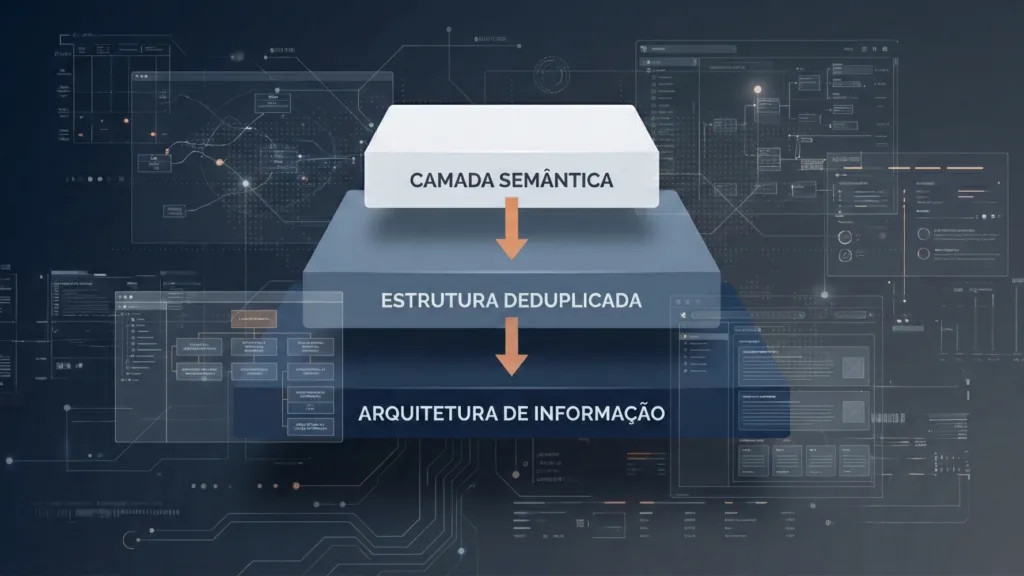 Ilustração conceitual com três camadas empilhadas e alinhadas ao centro. No topo, um bloco claro com o texto “Camada semântica”; no meio, um bloco azul-acinzentado com “Estrutura deduplicada”; na base, um bloco azul escuro com “Arquitetura de informação”. Setas verticais apontam de cima para baixo, indicando que decisões semânticas orientam a estrutura e se apoiam na arquitetura de informação. Ao fundo, um cenário escuro com diagramas, grids e conexões sutis representa sistemas, fluxos e organização da informação.