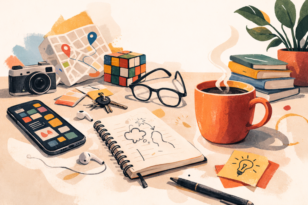 A imagem é uma ilustração em estilo flat ilustrativo com textura de aquarela/grain, lembrando ilustrações editoriais usadas em blogs ou revistas. A cena mostra uma mesa de trabalho vista levemente de cima, organizada de forma casual, quase como um “flat lay”. No lado direito da composição há uma caneca grande de café quente, com vapor subindo, que se torna um dos elementos visuais mais fortes. Ao lado dela aparece uma pilha de livros com uma planta em vaso no topo, sugerindo um ambiente de leitura ou estudo. No centro da mesa está um caderno aberto com espiral, onde há um pequeno desenho de uma cabeça pensando, com um balão de pensamento acima. Sobre o caderno também aparecem fones de ouvido, reforçando a ideia de cotidiano digital. Próximo ao caderno estão chaves, uma caneta e um post-it com um desenho de lâmpada, símbolo comum de ideia ou insight. À esquerda aparecem objetos ligados a tecnologia e curiosidade pessoal: um smartphone com ícones coloridos na tela uma câmera fotográfica um mapa dobrado com dois pins de localização um cubo mágico um óculos O fundo é claro e texturizado, com manchas de cores suaves em tons de laranja, azul, verde e bege, criando um visual acolhedor e artesanal.