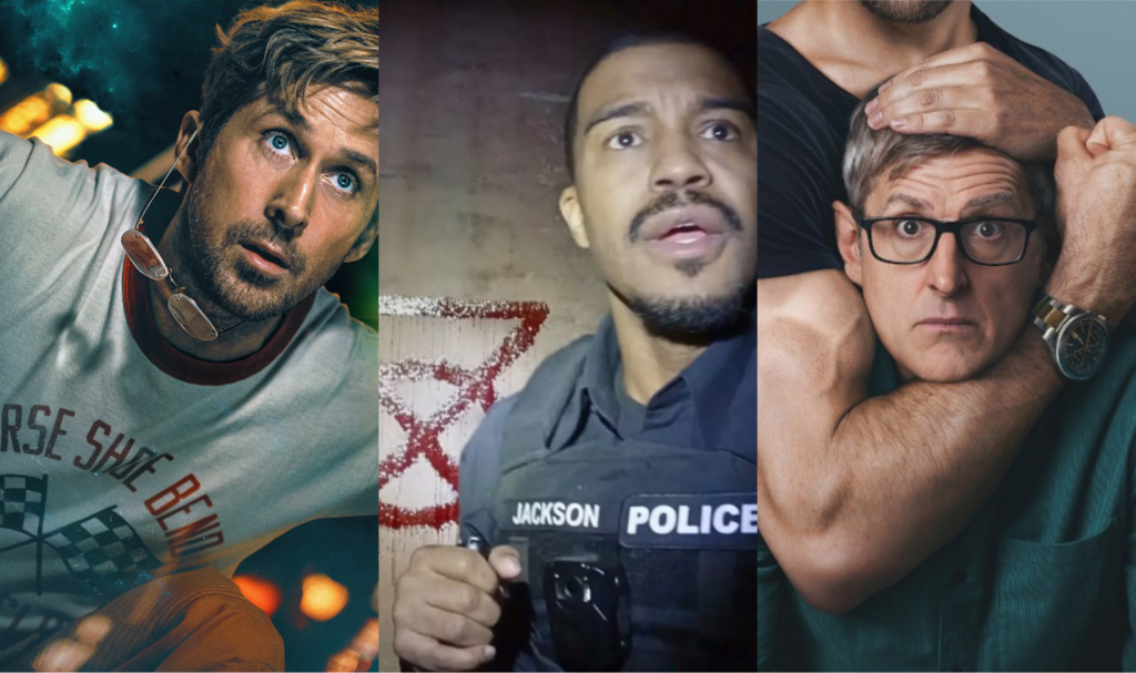 A imagem é um banner horizontal composto por três blocos verticais, cada um representando um dos filmes, organizados lado a lado. À esquerda, há uma cena de ficção científica. Um homem aparece em primeiro plano, inclinado, com expressão de surpresa ou alerta. Ele está dentro de uma nave ou ambiente tecnológico, com luzes e painéis ao fundo. A iluminação mistura tons frios e quentes, criando um contraste visual forte e um clima mais contemplativo e dramático. No centro, a imagem muda completamente de atmosfera. Um policial com câmera corporal aparece em um ambiente escuro, iluminado de forma dura e direta, como se fosse uma lanterna ou a própria câmera. Atrás dele, há um símbolo desenhado na parede com tinta vermelha, sugerindo algo violento ou sobrenatural. A expressão dele é tensa, reforçando o clima de terror. À direita, o tom é mais neutro e controlado. Um homem mais velho, de óculos, está sendo segurado por trás por outro homem mais forte, que envolve seu pescoço com o braço. A cena não é explicitamente violenta, mas carrega uma tensão simbólica, relacionada a controle, poder ou constrangimento. O fundo é limpo e a iluminação é mais suave, com uma estética quase de ensaio fotográfico ou documentário.