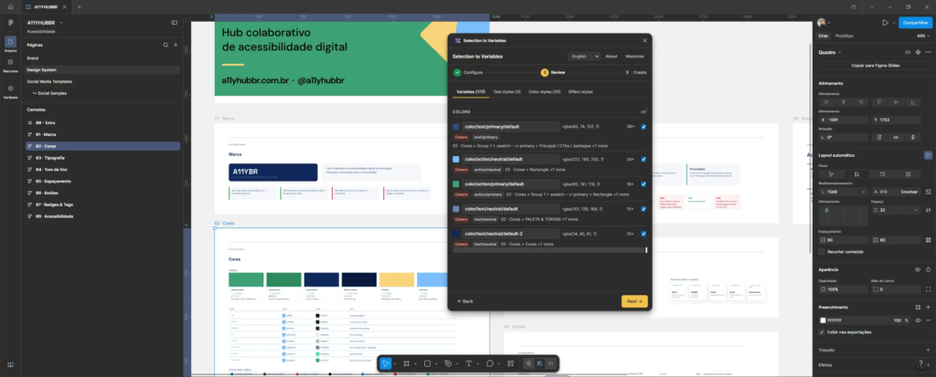 Captura de tela do Figma mostrando o Design System do projeto A11YHUBBR, um hub colaborativo de acessibilidade digital. A interface exibe seções como marca, cores, tipografia, botões e acessibilidade. No centro, há uma página com paleta de cores e tokens visuais. Sobre o canvas está aberto o plugin “Selection to Variables”, usado para converter estilos em variáveis de design system, exibindo cores, estilos e propriedades semânticas.
