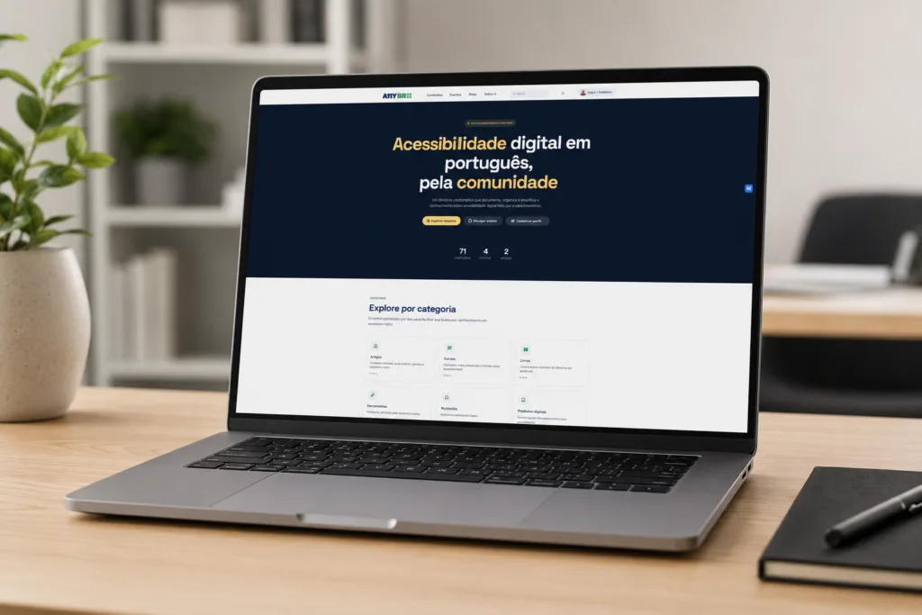 Notebook moderno sobre uma mesa de madeira em um escritório minimalista. Na tela, aparece a página inicial do site A11YBR, com destaque para o texto “Acessibilidade digital em português, pela comunidade”. Ao redor há uma planta, um caderno e uma caneta, com fundo desfocado.